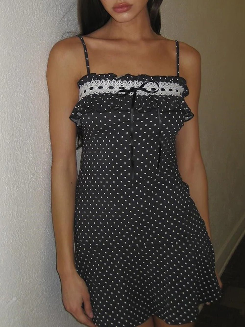 Polka Dot Lace Trim Ruffle Bow Spaghetti Strap Mini Dress