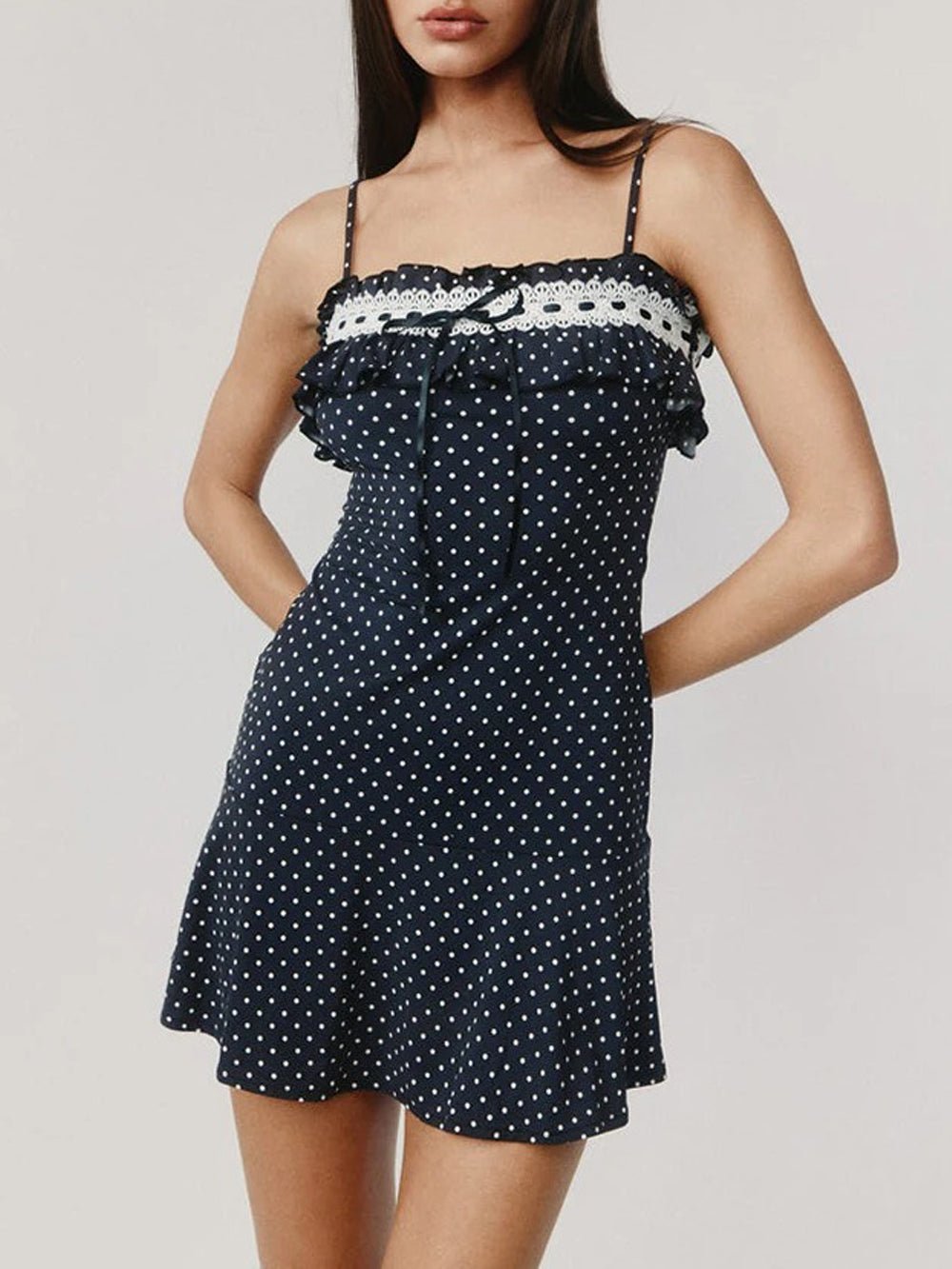 Polka Dot Lace Trim Ruffle Bow Spaghetti Strap Mini Dress