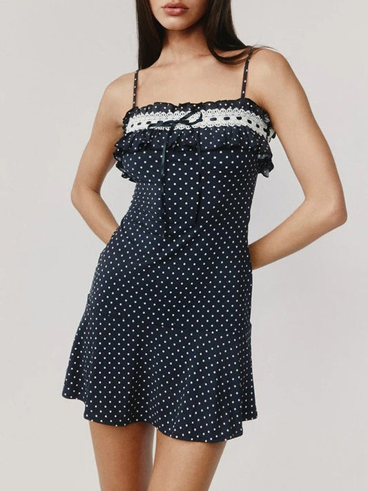 Polka Dot Lace Trim Ruffle Bow Spaghetti Strap Mini Dress