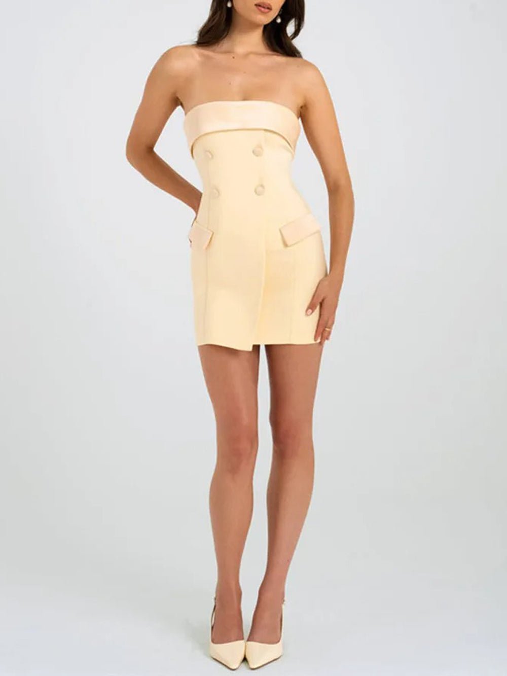 Strapless Satin Band Double-Breasted Flap Pocket Tuxedo Mini Dress