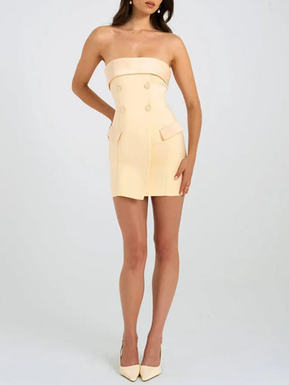 Strapless Satin Band Double-Breasted Flap Pocket Tuxedo Mini Dress