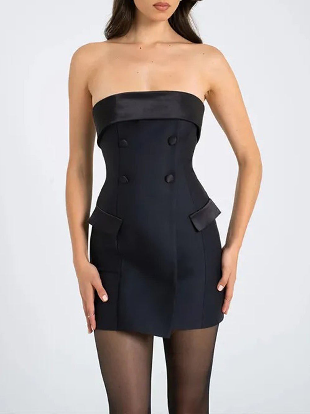 Strapless Satin Band Double-Breasted Flap Pocket Tuxedo Mini Dress