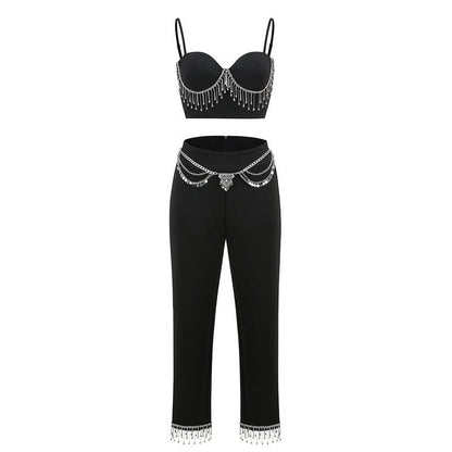KittenAlarm - Adele Rhinestone Tassel Trim Pants Set