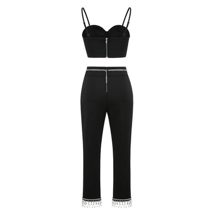 KittenAlarm - Adele Rhinestone Tassel Trim Pants Set