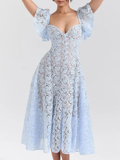 Floral Lace Deep Sweetheart Flutter Sleeve Fit-and-Flare Midi Dress