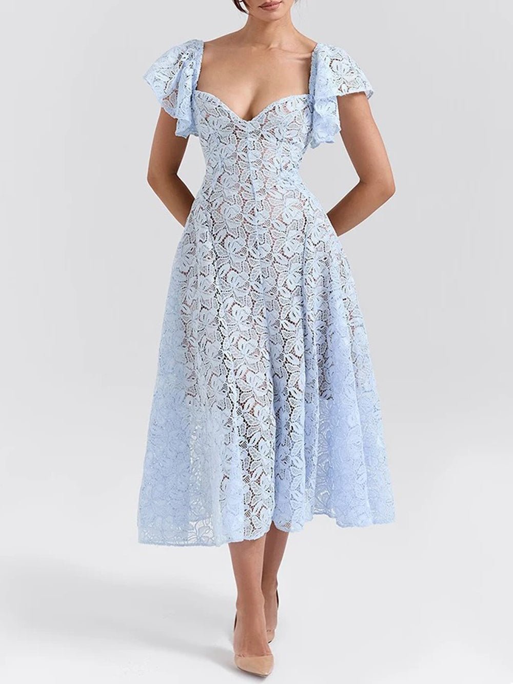 Floral Lace Deep Sweetheart Flutter Sleeve Fit-and-Flare Midi Dress