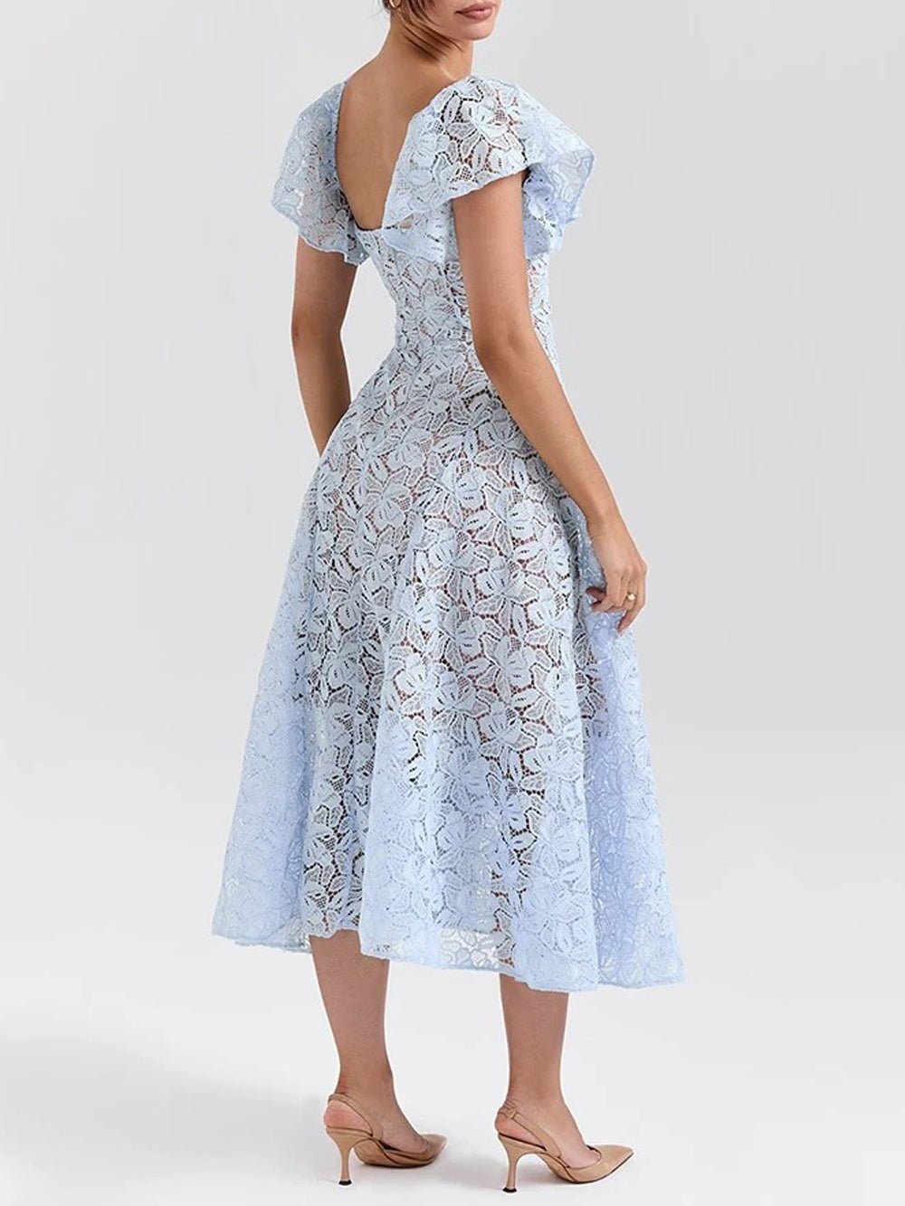 Floral Lace Deep Sweetheart Flutter Sleeve Fit-and-Flare Midi Dress