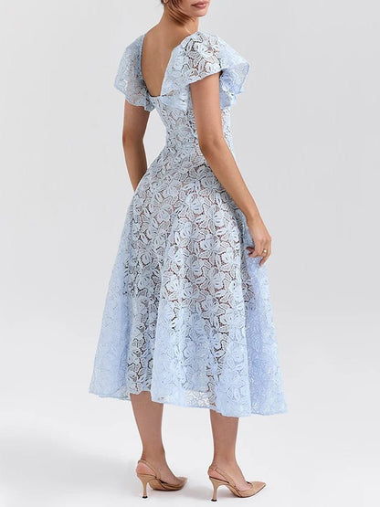 Floral Lace Deep Sweetheart Flutter Sleeve Fit-and-Flare Midi Dress