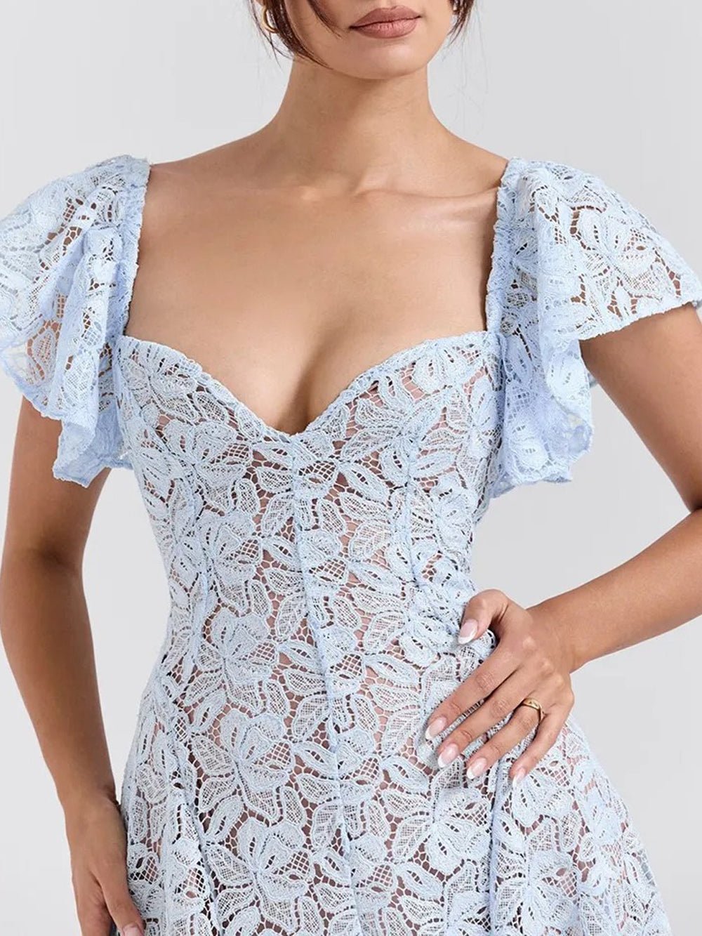 Floral Lace Deep Sweetheart Flutter Sleeve Fit-and-Flare Midi Dress