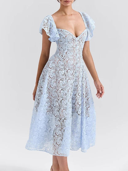 Floral Lace Deep Sweetheart Flutter Sleeve Fit-and-Flare Midi Dress