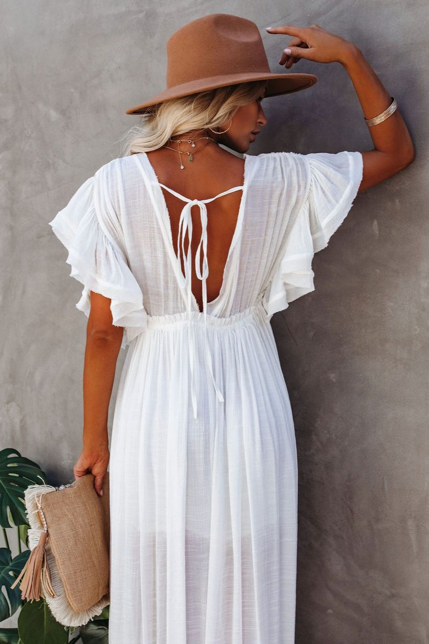Deep V-Neck Flutter Sleeve Button Front Drawstring Waist Maxi Dress