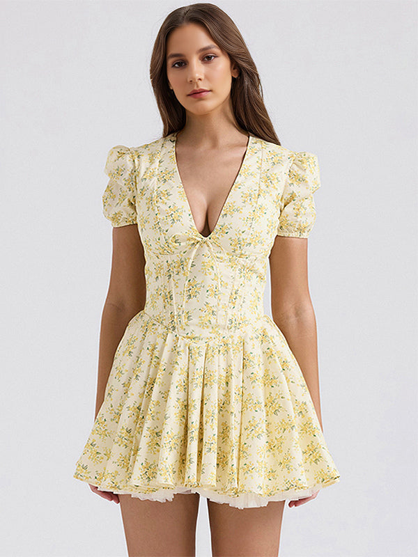 Floral Dress Mini Dresses In Butter Yellow With Short Sleeves And V-Neck For Summer 2026