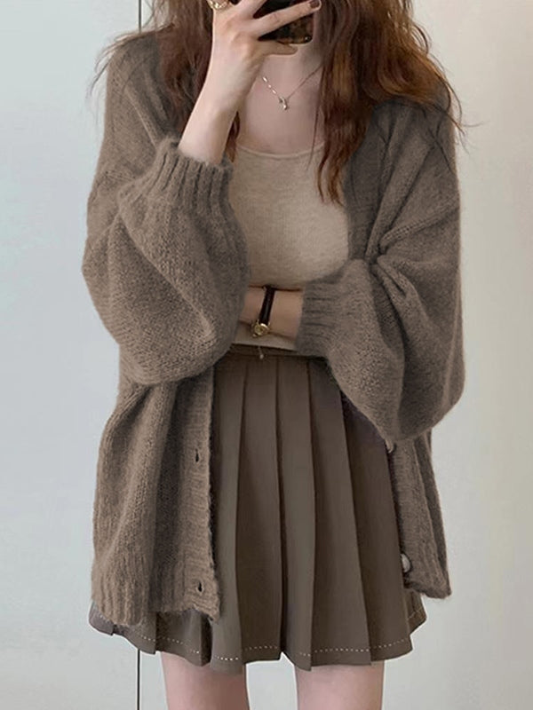 Mohair Solid Lantern Sleeve Baggy Cardigan