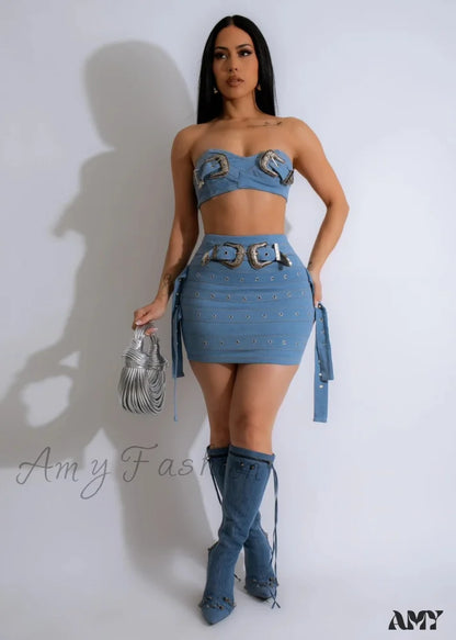 Adjustable Stylish Denim Strapless Skirt Suit