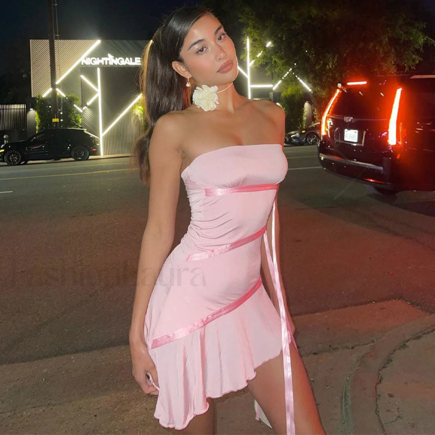 Adorable Solid Color Ribbon trim Ruffle Hem Strapless Mini Dress - Pink