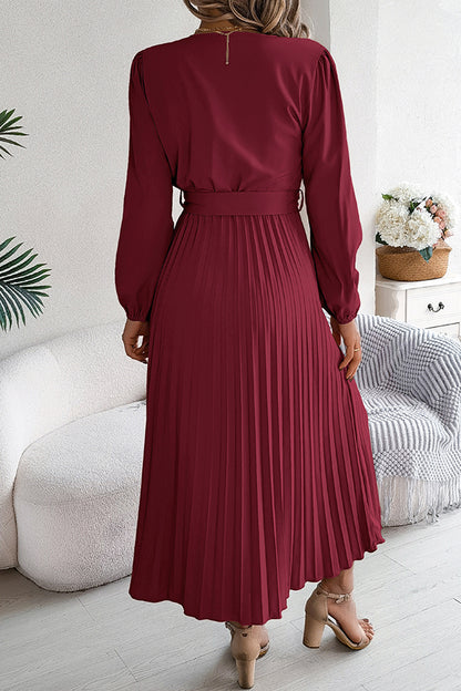 Solid Color Elegant V-neck Buttoned Lace-up Pleated Maxi Dress