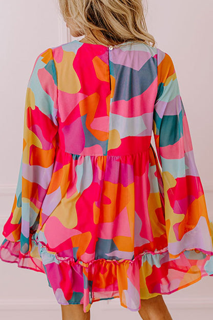 Abstract Geometric Print Deep V-Neck Bell Sleeve Tiered Ruffle Mini Dress