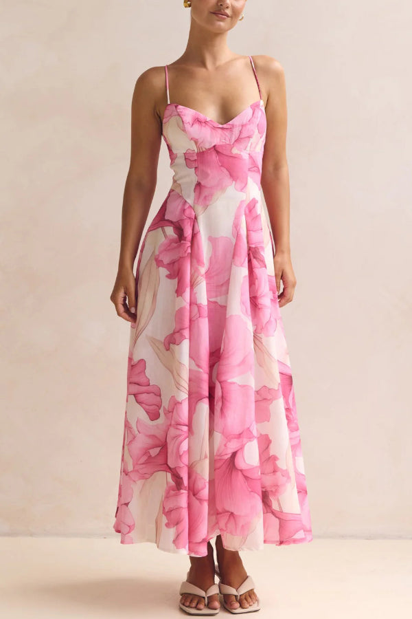Floral Print Spaghetti Strap Backless Holiday Maxi Dress