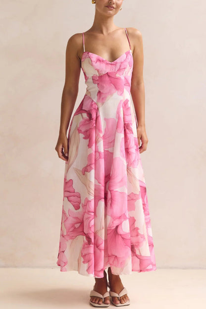 Floral Print Spaghetti Strap Backless Holiday Maxi Dress