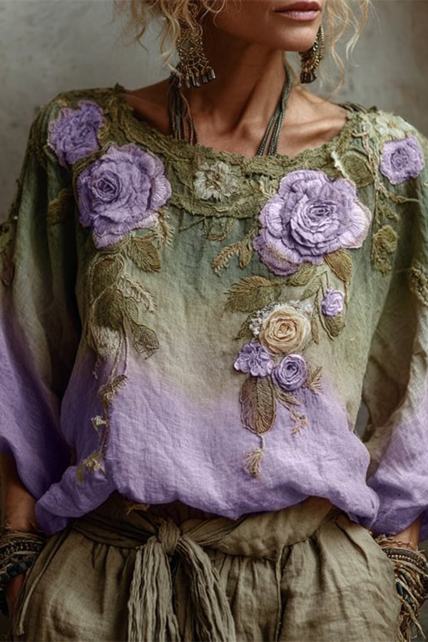 Bohemian Floral Print Round Neck Long-sleeved Loose Top