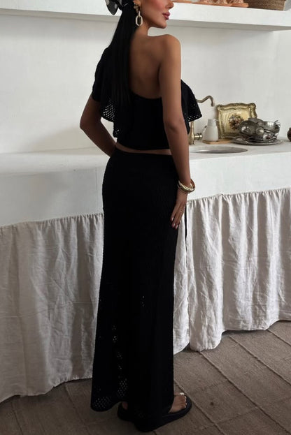Solid Color One-shoulder Ruffled Openwork Top and Elastic Waist Holiday Knit Maxi Skirt Cover-up Set
