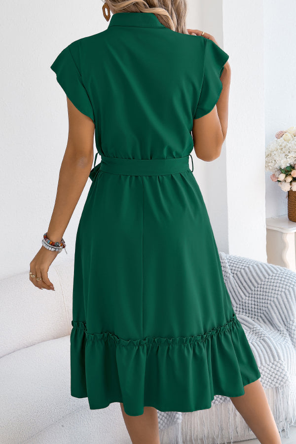 Solid Color Stand Collar Button Waist Tie Casual Midi Dress