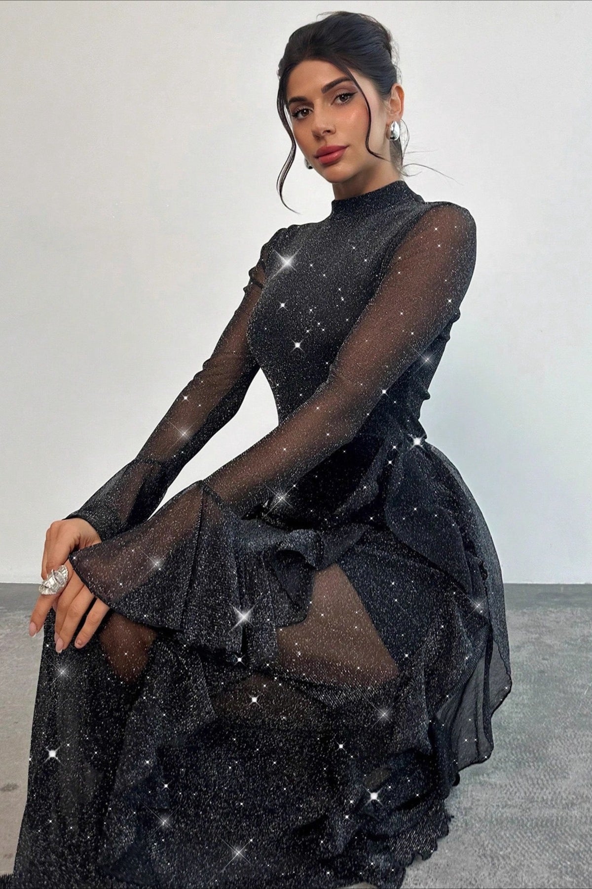 Mock Neck Glitter Mesh Flared Cuff Tiered Ruffle Mermaid Maxi Gown