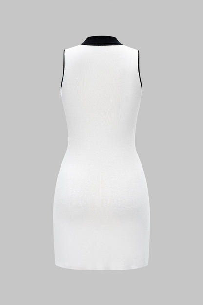 Knit V-Neck Contrast Button Sleeveless Pocket Dress