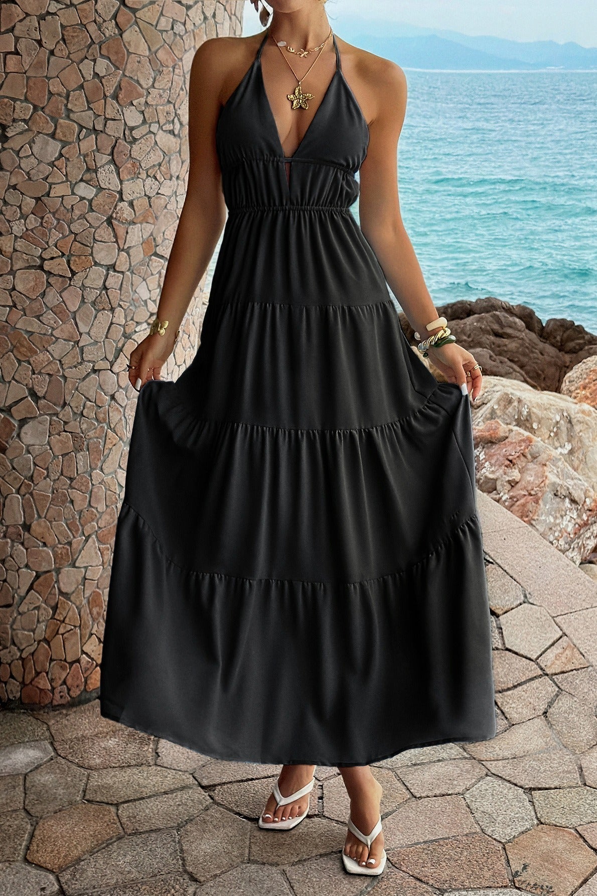 Halter Deep V Neck Smocked Waist Tiered Maxi Dress