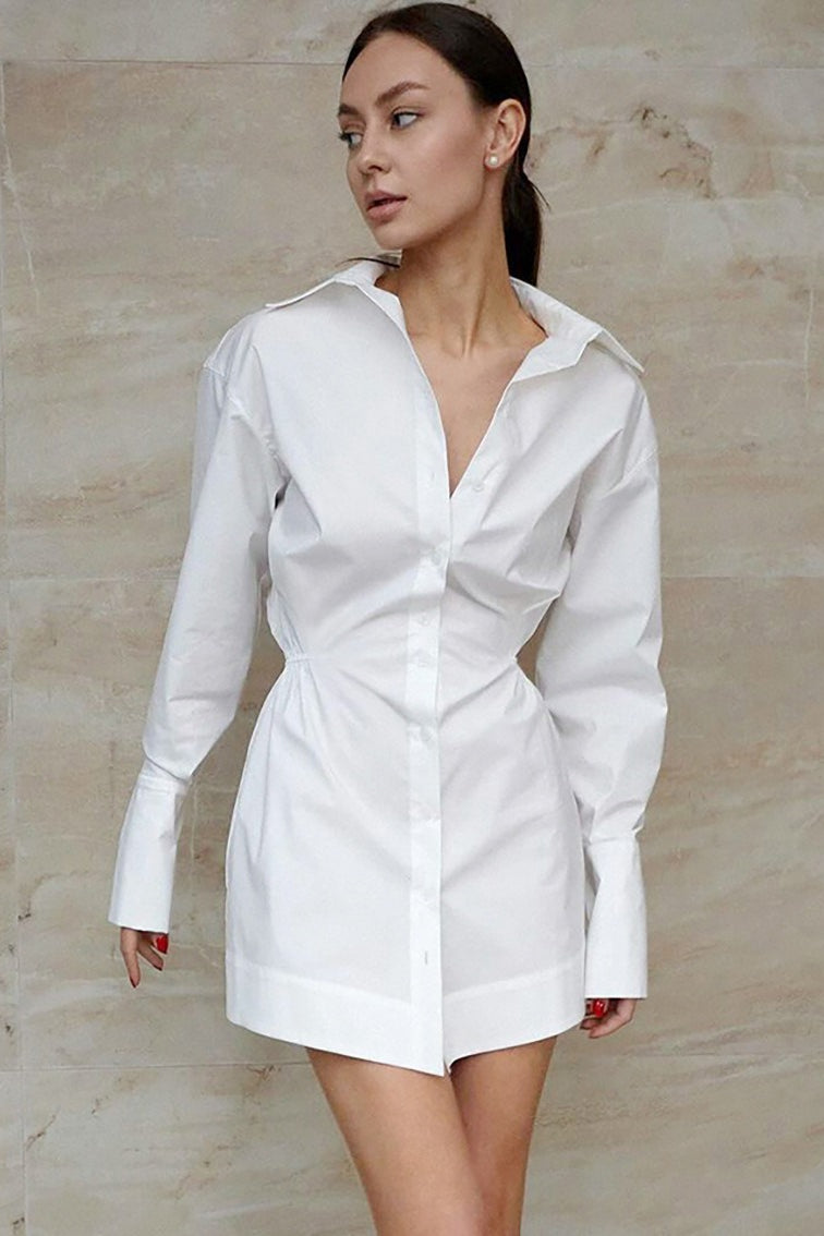 Pointed Collar Button Placket Cinched Waist Exaggerated Cuff Shirt Mini Dress