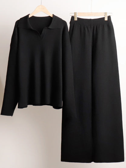 Knit Pant Set Drop Shoulder Pullover And Wide Leg Trousers For Women