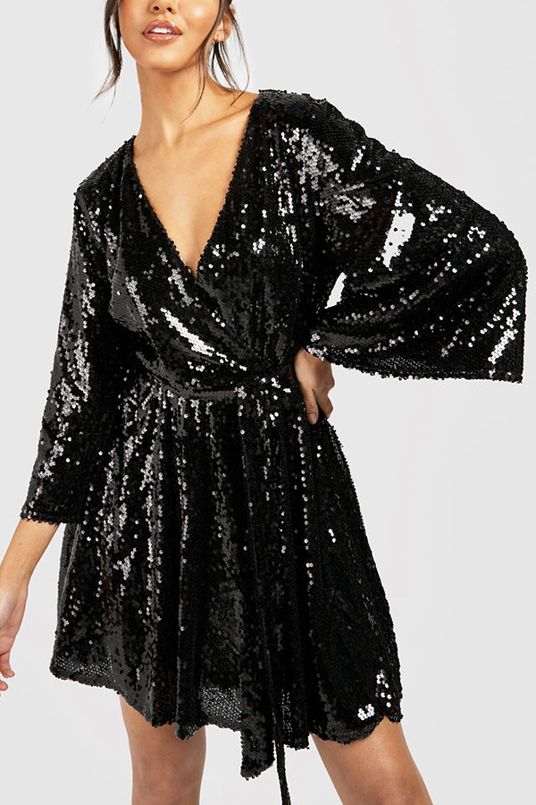 Solid Color Loose Sequined V-neck Tie Mini Dress