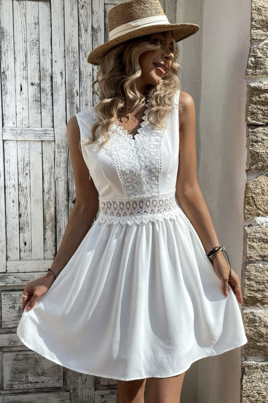 Sleeveless Lace Trim V-Neck Crochet Lace Waistband A-Line Mini Dress