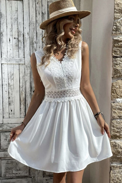 Sleeveless Lace Trim V-Neck Crochet Lace Waistband A-Line Mini Dress