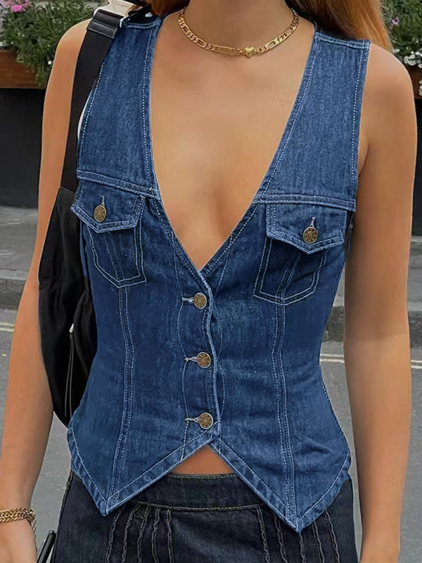 Vintage Denim Breasted V Neck Women Vest