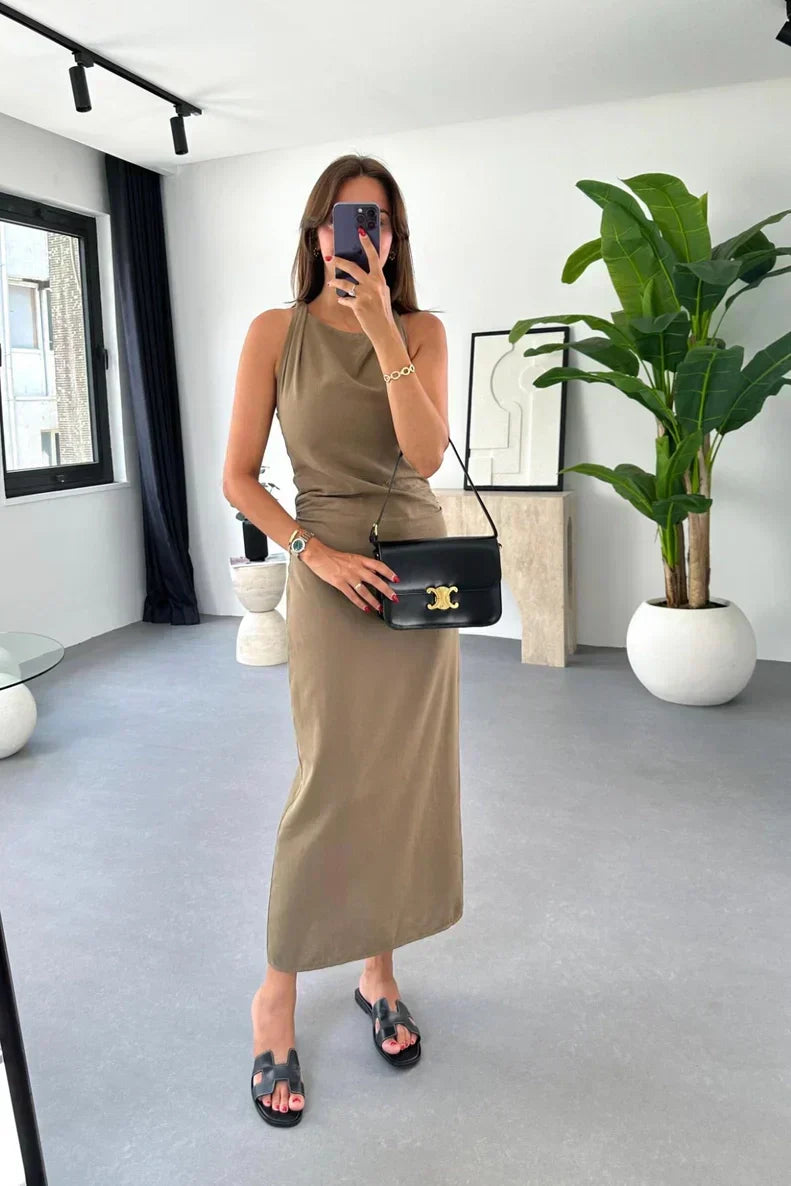 Boat Neck Sleeveless Side Ruched Linen Midi Dress