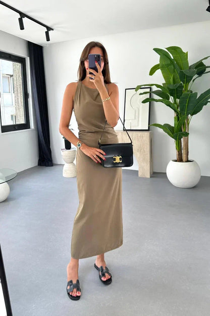 Boat Neck Sleeveless Side Ruched Linen Midi Dress