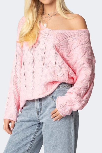Solid Color V-Neck Cable-Knit Loose Sweater