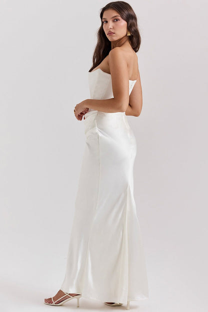 Strapless Corset Bodice Draped Hip Ruched Column Maxi Dress