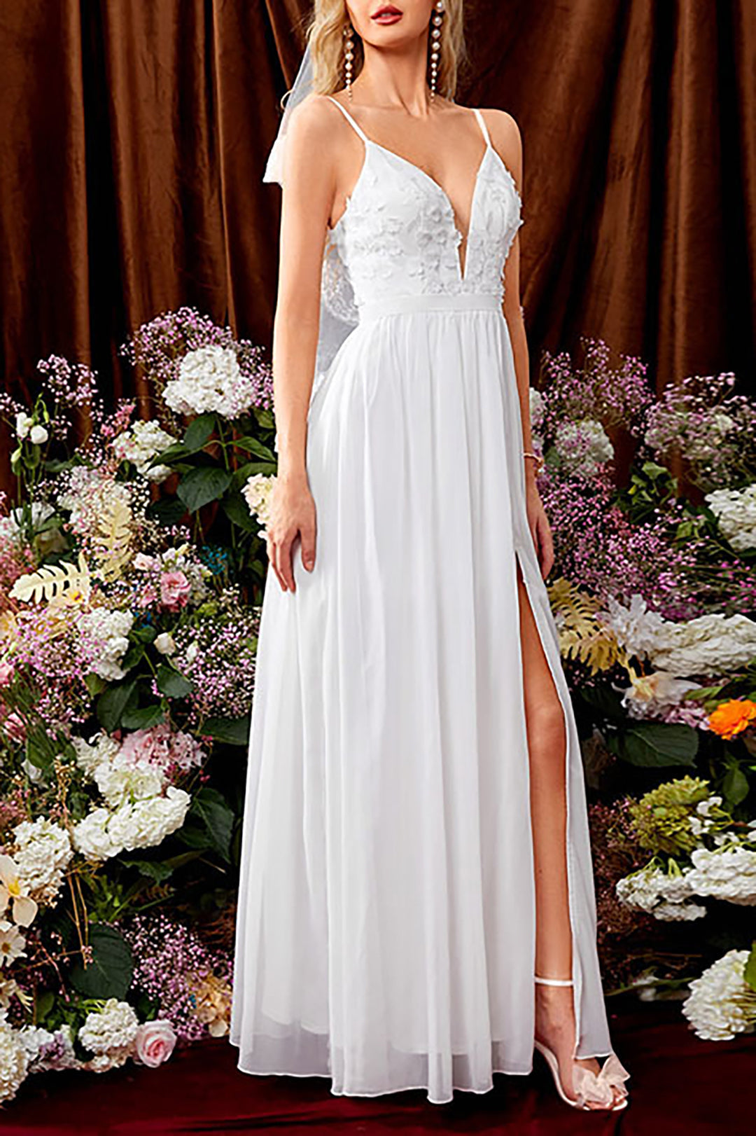 Spaghetti Strap Deep V Lace Floral Applique Chiffon Side Slit Maxi Gown