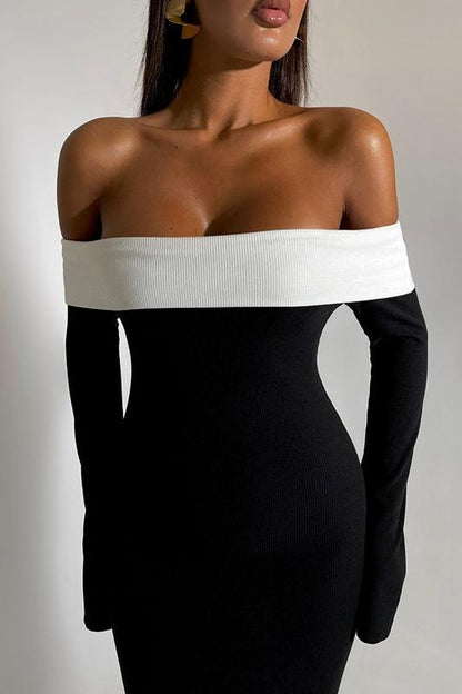 Contrast Foldover Bardot Long Sleeve Trumpet Hem Maxi Dress
