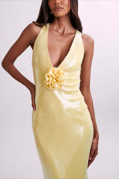 | Backless Floral Sequin Maxi Dress