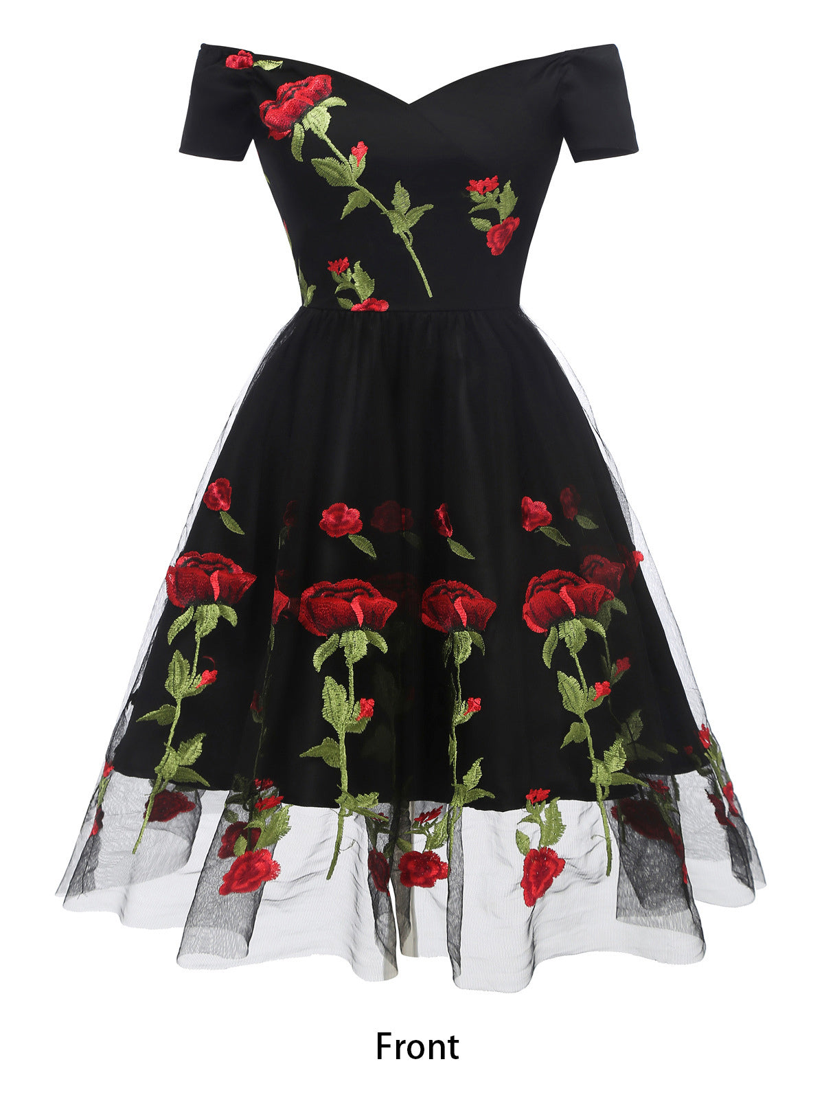 Rose Embroidered Vintage Midi Swing Dress for Women - 1950s Off Shoulder Style A-Line - Summer Tea Party 2026