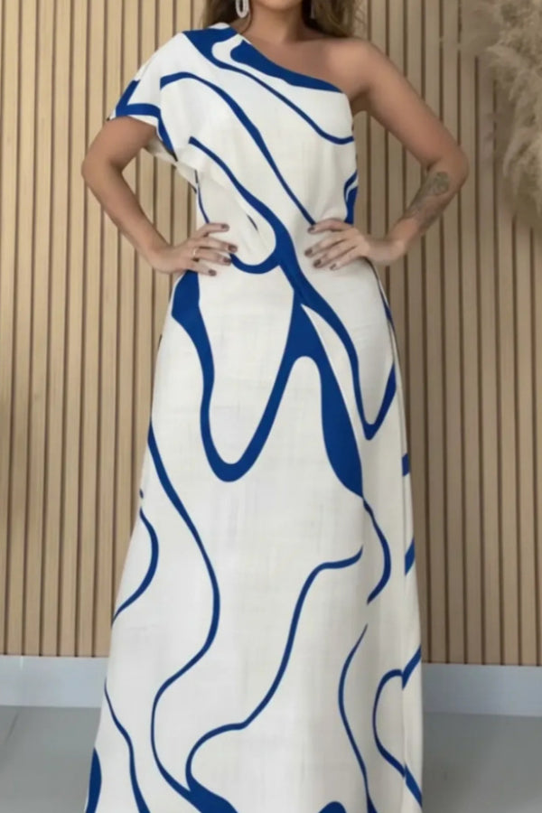 Unique Printed One-Shoulder Short-Sleeve Casual Maxi Dress