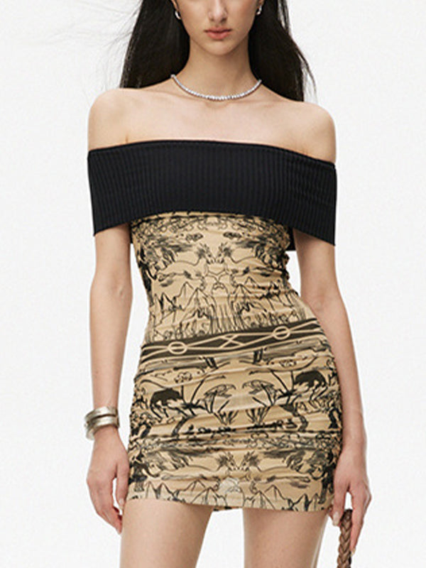 Vintage Print Splice Off Shoulder Mini Dress