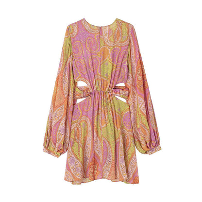 Paisley Print Plunging V-Neck Slit Sleeve Cutout Waist Tie Boho Mini Dress