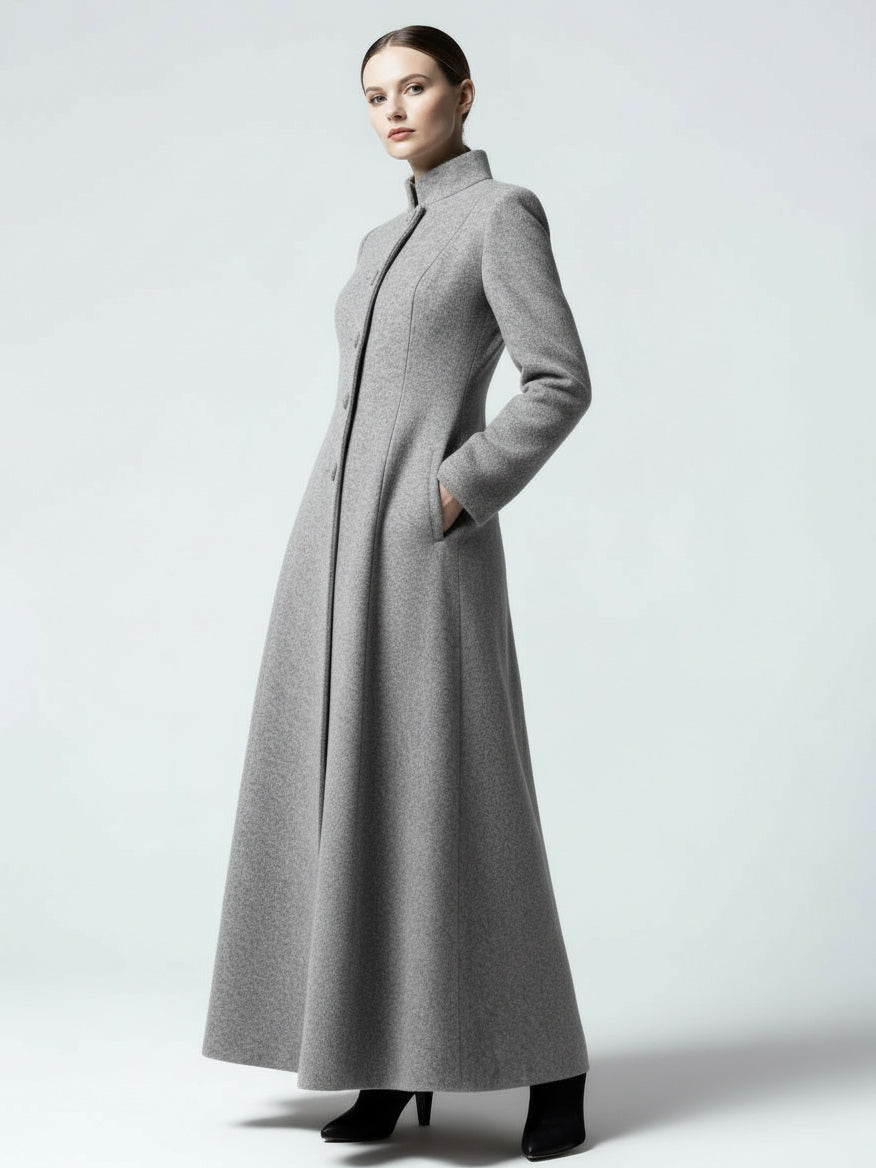 Maxi Wool Blend A-Line Coat with Stand Collar For Women 2026