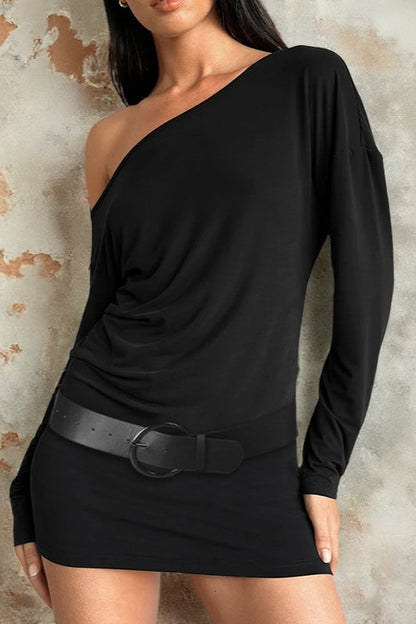 One Shoulder Long Sleeve Wide Buckle Belted Bodycon Mini Dress