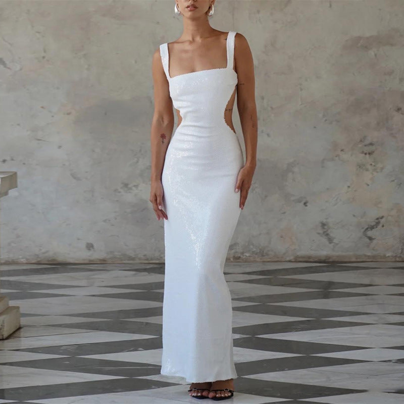 Sequin Square Neck Wide Strap Side Cut Out Bodycon Maxi Dress