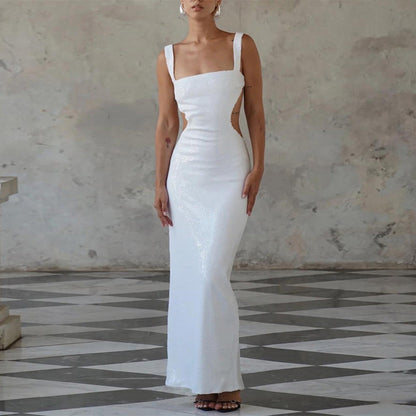 Sequin Square Neck Wide Strap Side Cut Out Bodycon Maxi Dress